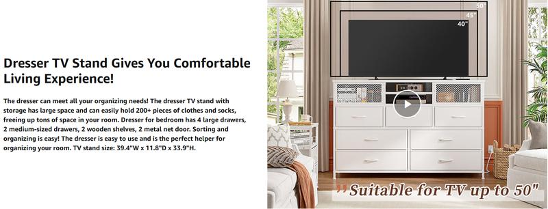 RaybeeFurniture Dresser with 7 Drawers for Bedroom, TV Stand with Power Outlet, TV Stands for Living Room Dresser for Bedroom, TV Console Table with Storage Entertainment Center,Metal Door