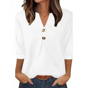 Women's V Neck Henley Shirts 3/4 Sleeve Casual Loose Fit T-Shirts with Decorative Buttons, Soft Comfy Blouse for Work & Daily Wear, Home Business Casual Tops for Women