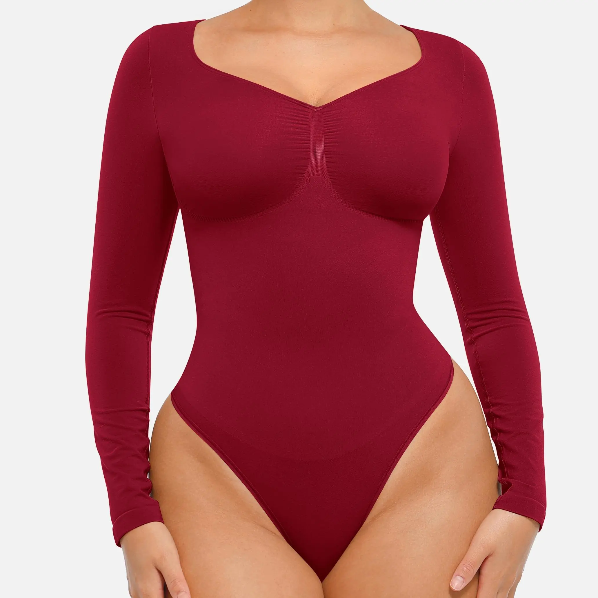 FeelinGirl Women's Seamless Shaping Long Sleeve Thong Comfortable Bodysuit for Tops and Underwear Lady Comfort Basic