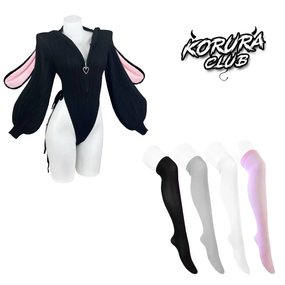 KORURACLUB Bunny Costume Set, Plus Size Whimsical Soft Knit Bodysuit with Fuzzy Ears & 4 Pairs Stockings for a Unique Halloween Outfit, Whimsical Clothes, Costume Halloween, Unique Halloween Costume