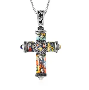 Stainless Steel Glass Murano Style Multi Color Beaded Cross Choker Pendant Necklace Delicate size 20" Catholic Faith Christian Religious Birthday Jewelry Birthday Christmas Gifts for Women