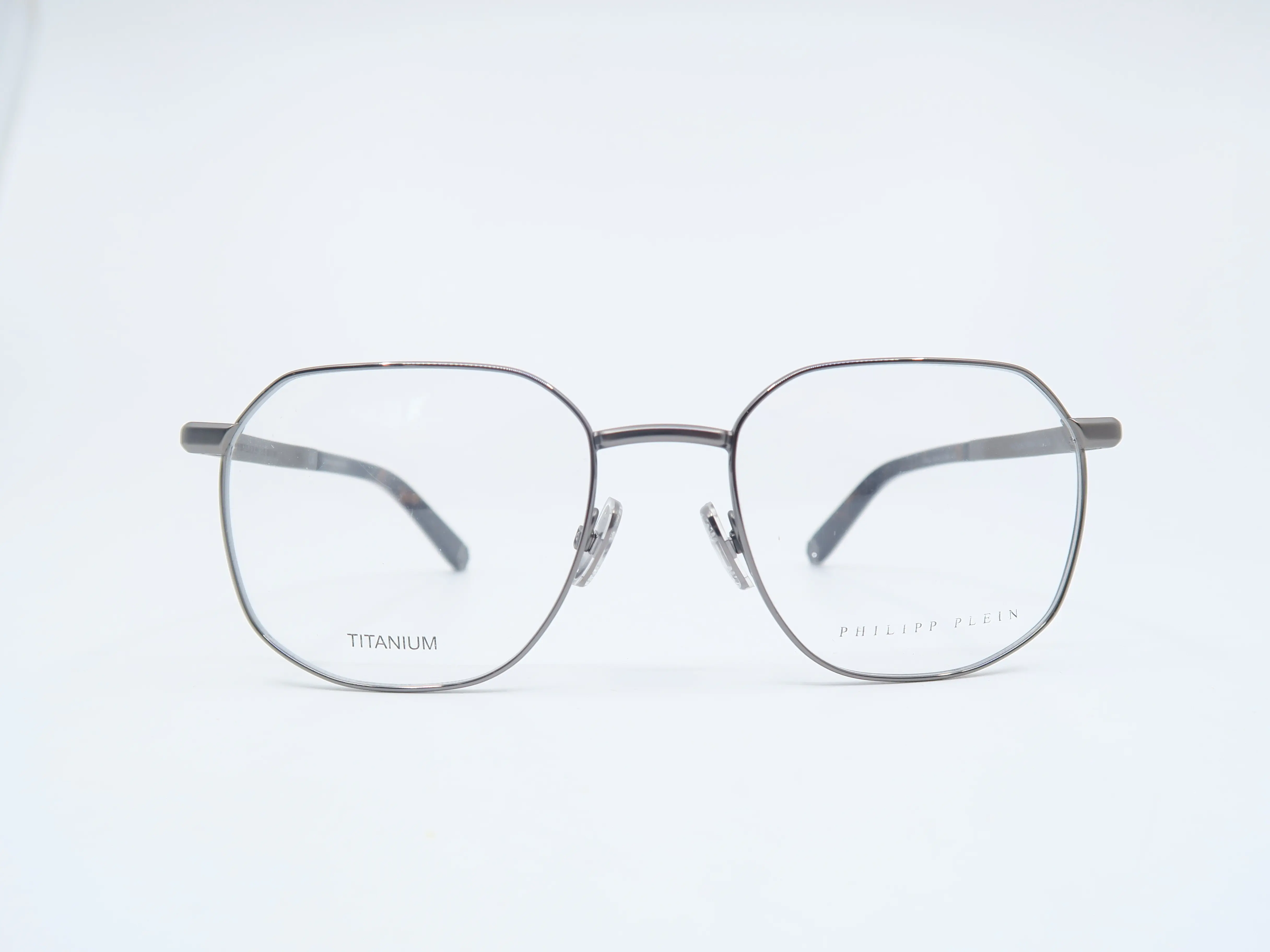 Philipp Plein Titan Vision VPP020 Hexagonal Gunmetal Metal Eyeglasses Frames, Lightweight Titanium Casual Frames & Glasses with Engraved Temples and Microfiber Cloth, Full Rim, Unisex, Black Gloss Tips
