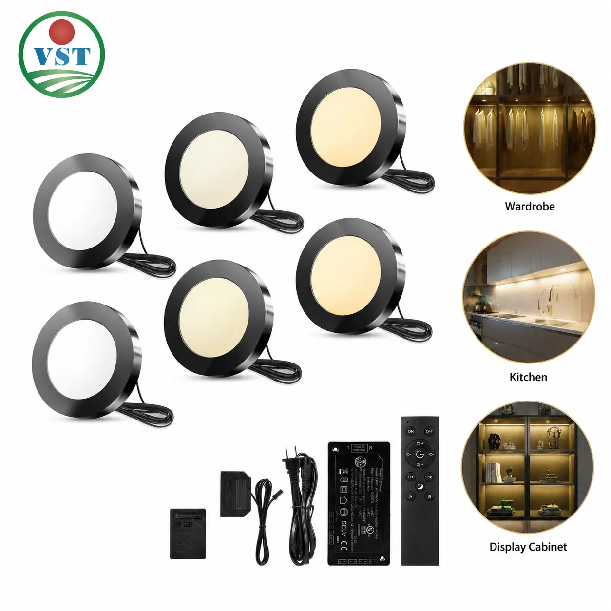 VST Smart Puck Lights, 6 Pack, 3000K-6000K Dimmable Under Cabinet Lighting, Compatible with Alexa & Google Home, App & Remote Control, 12V 2W, Recessed/Surface Mount, Black for Kitchen Display Case