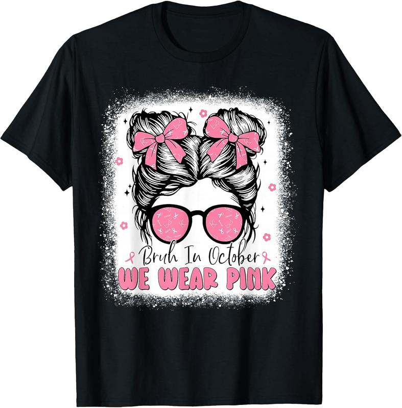 Women's Cotton Crewneck Short-Sleeve Casual Top - Cute Funny Breast Cancer Awareness 'In October We Wear Pink' Graphic Tee, Soft Fabric, Everyday Style Fit