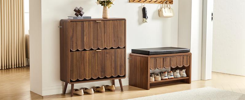 Giratree Shoe Storage Cabinet for Entryway with 2 4 Flip Drawers, Freestanding Narrow Wood Shoe Cabinet with Wave Panel, Hidden Shoe Organizer for Foyer, Hallway