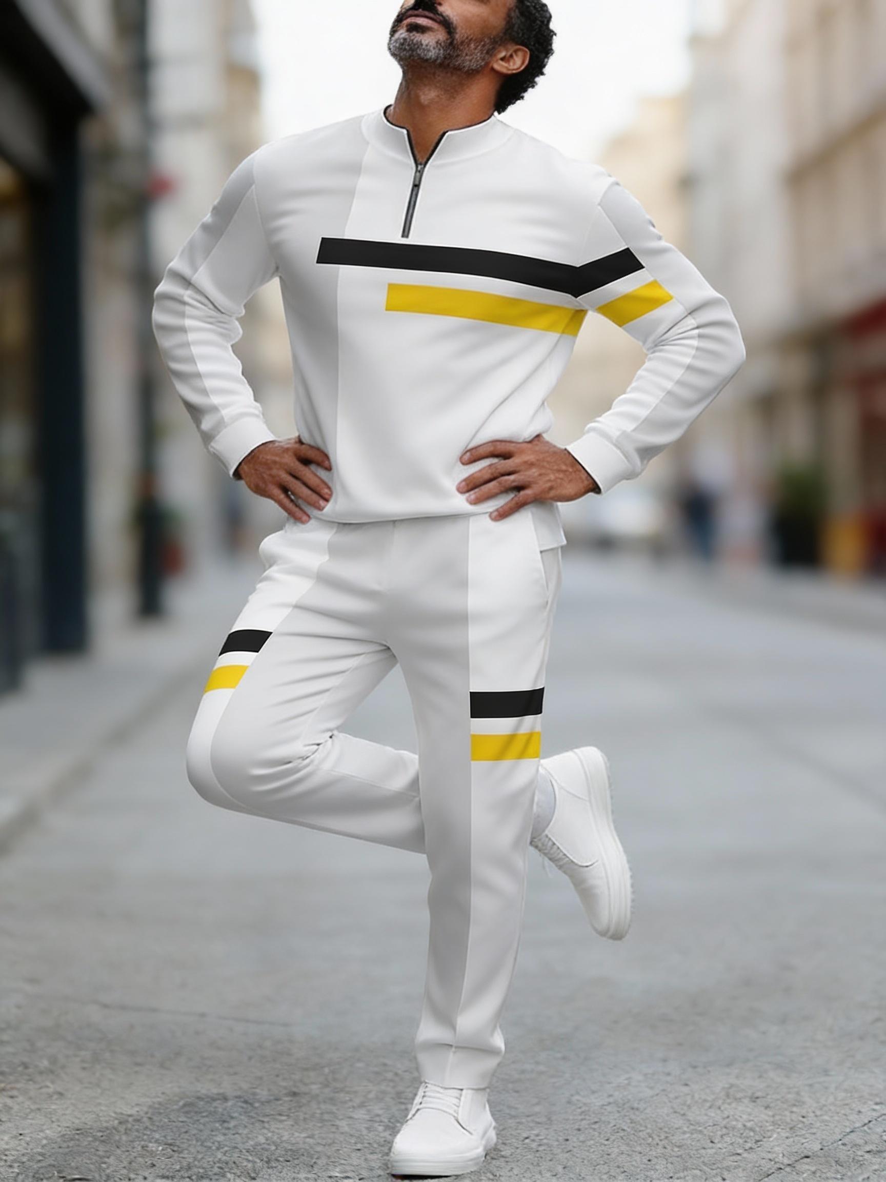 European and American two-piece men's white sports suit |     Geometric stripe design, semi open collar |     High quality polyester fiber fabric, wrinkle resistant and easy to maintain |     Fitness trend, suitable for sports and leisure style