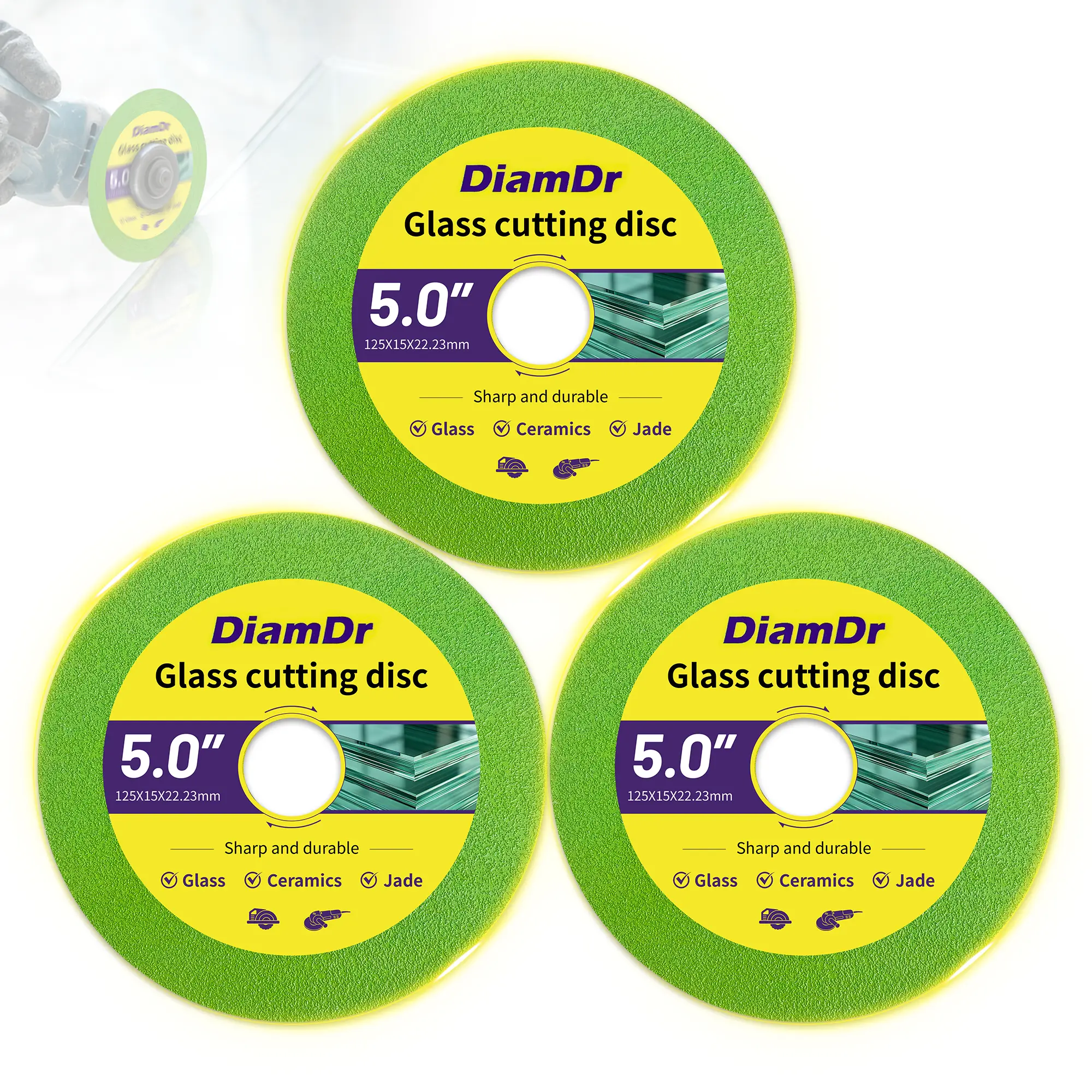 DiamDr 5" Diamond Grit Glass Cutting Disc (3-Pack) - Sharp, Durable, Chip-Free Edge, Stable Cuts, Compatible with Most 5" Angle Grinders for Glass, Ceramics