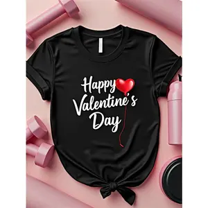 1pc Women's Happy Valentine's Day T-Shirt Cute Handwritten Letters with Red Heart Arrow Pattern, Unisex Loose Short Sleeve Round Neck Black Top, Comfortable Casual Valentine's Day Party Outfit, Suitable for Spring and Autumn Daily Wear