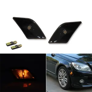 Front Black Side Marker Lights w/Amber LED Bulbs For Benz W204 C-Class 2008 2009 2010 2011 Replace OEM 204 820 02 21 2048200221 204 820 01 21 2048200121