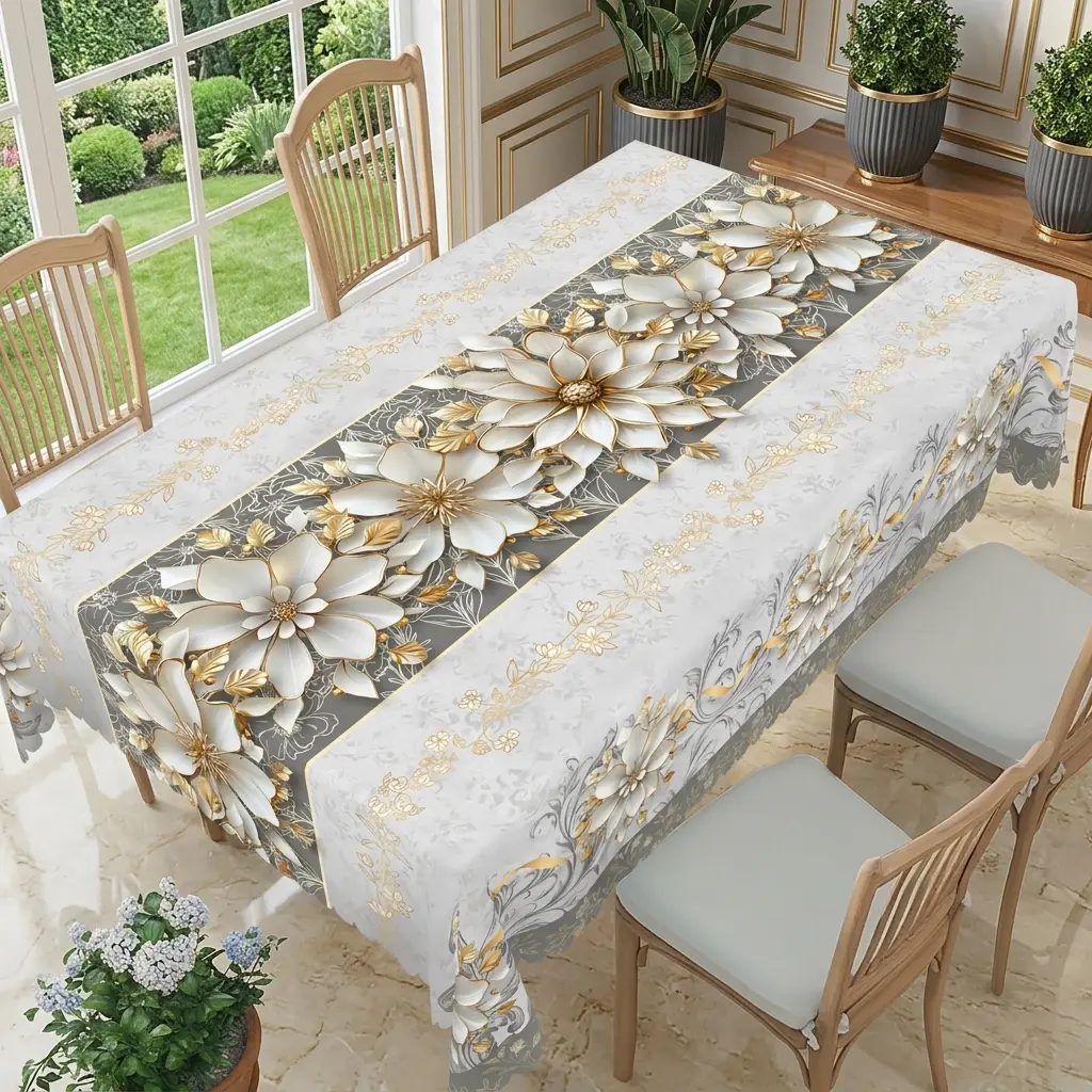 Elegant White & Gold Floral Tablecloth, Rectangular Dining Table Cover with Gray Botanical Print, Luxury Home, Party & Wedding Decor
