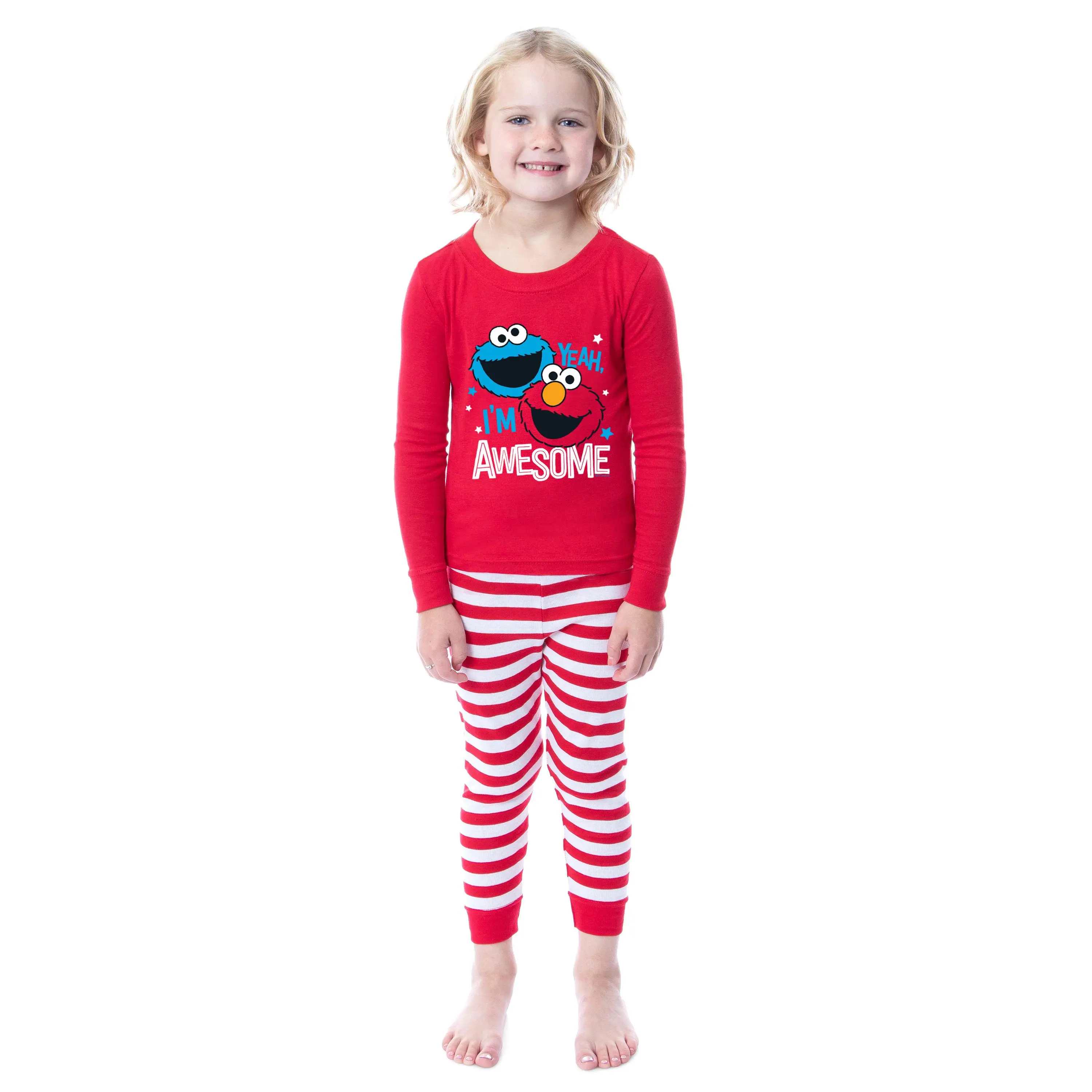 Sesame Street Toddler Girls' Cute Cartoon Style Crew Neck Sleepwear Set - Elmo, Cookie Monster "I'm Awesome" 2-Piece Long Sleeve Clothes
