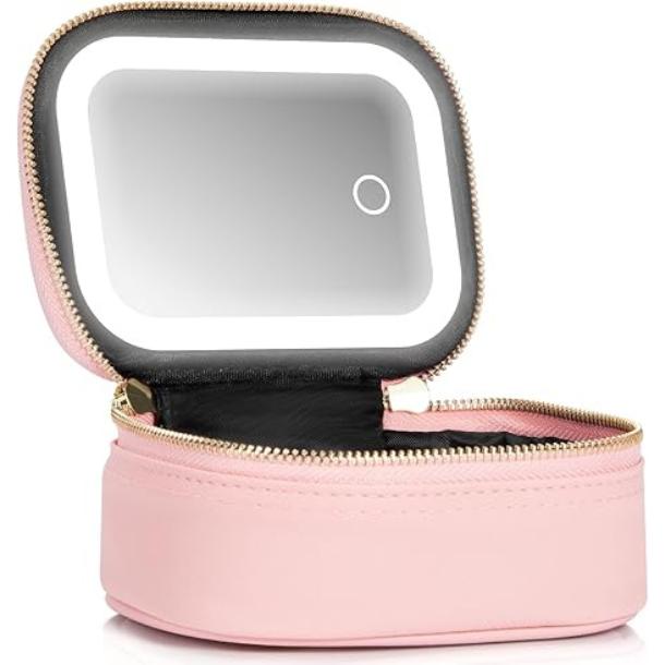 [New Deal] Small Makeup Bag Travel Train Case with Mirror and Light Mini Travel Make up Train Case Cosmetic Organizer Adjustable Brightness Toiletry Bag Portable Artist Storage