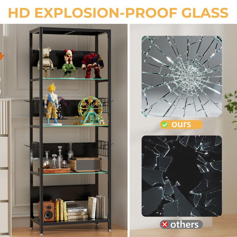 4-Tier Glass Display Shelf with RGB Lights, LED Lighted Curio Cabinet with Adjustable Storage Box & Hooks, Metal Frame Standing Shelf for Collectibles, Plants, Books, Living Room, Bedroom, Office