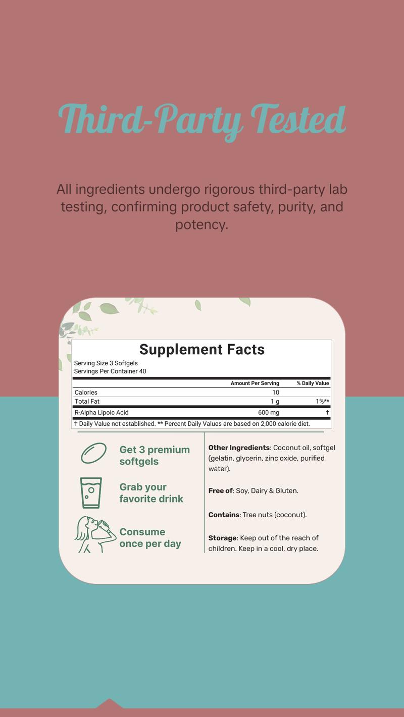 Micro Ingredients R Alpha Lipoic Acid 600mg with Coconut Oil, 120 Softgels
