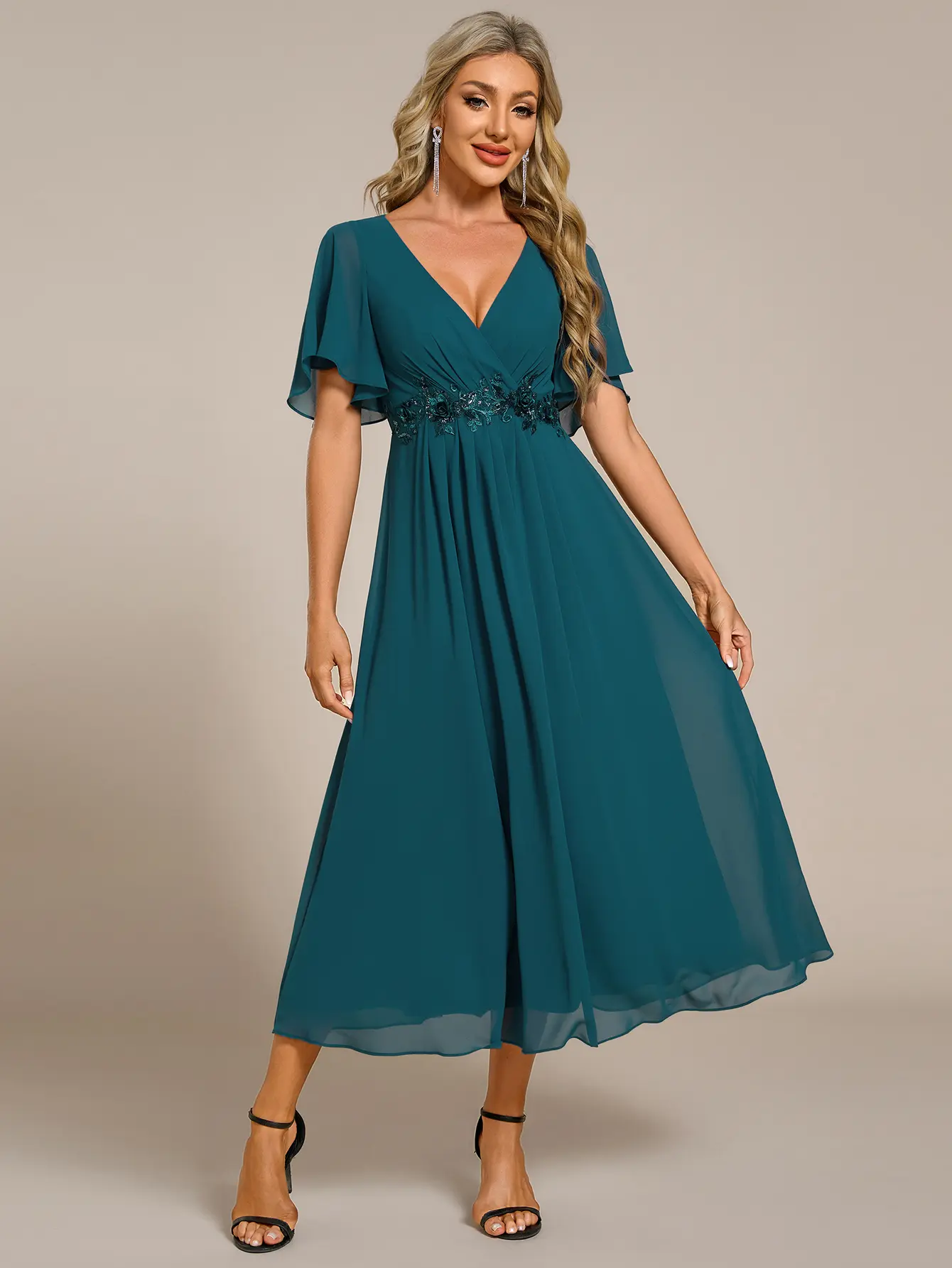 Ever-Pretty 2026 Spring Short Sleeves V-Neck Tea Length Wedding Guest Dress with Floral Applique 02093