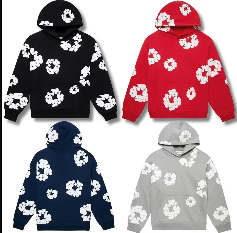 Y2K Denim Floral Graphic Hoodie | Vintage Streetwear Pullover Sweatshirt for Youth & Adults, Couple Style