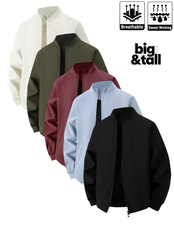Men's Plain Long-Sleeve Polyester Bomber Coat - Big & Tall Street Wear Outerwear, Lightweight Loose-Multi-Fit Waterproof Easy-On & Off Top for Spring, Fall