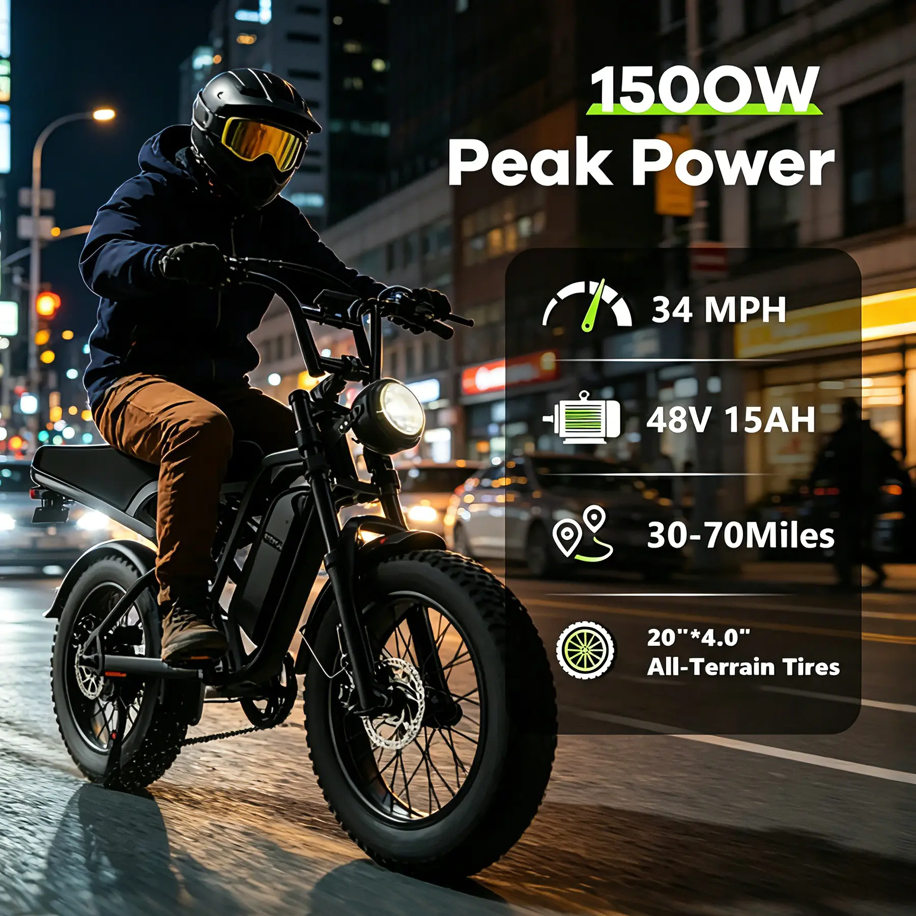 Hieha Electric Bike for Adults, 1500W 34 MPH All-Terrain Fat Tire E-Bike with Full Suspension, 48V 15.6Ah Removable Battery, Digital Speedometer & LED Taillight with Turn Signals, Digital Speedometer Bikes, Fat Tire Bikes