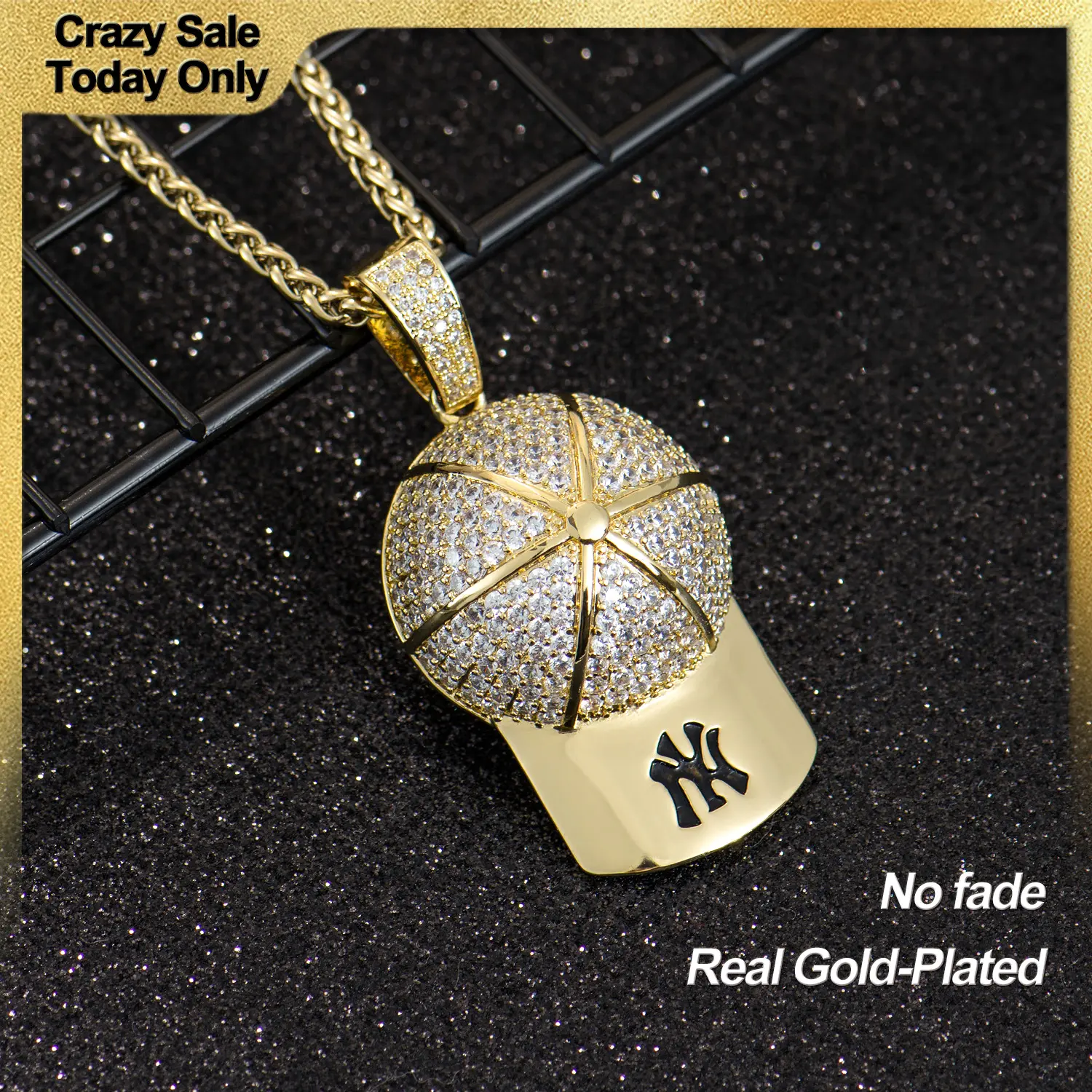 Holylegend 14K Real Gold-Plated Baseball Cap Pendant Necklace for Men and Women, Diamond-Cut Cubic Zirconia Charm, 24” Rolo Chain, Trendy Gold Plated Hip Hop Jewelry Gift,Father's Day Gift