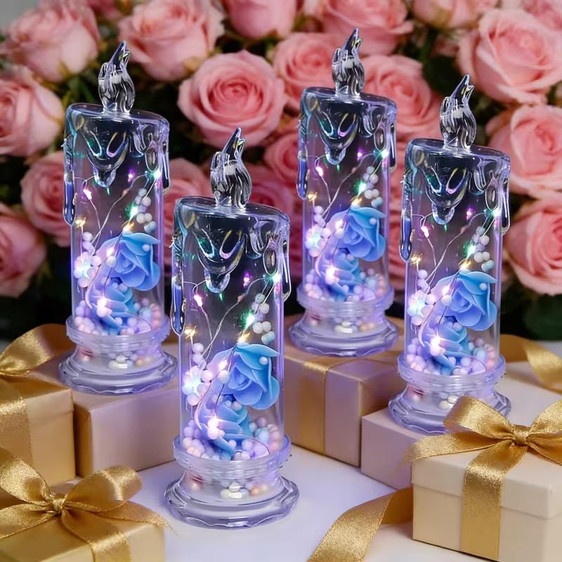 Set of 4 Multicolor Rose Flame-Free Candles Creative Ambiance Romantic Candles LED Realistic Electronic Candles with Preserved Flowers Night Light Decorative Piece Valentine's Day, Halloween, Christmas Gifts Wedding & Proposal Decorations
