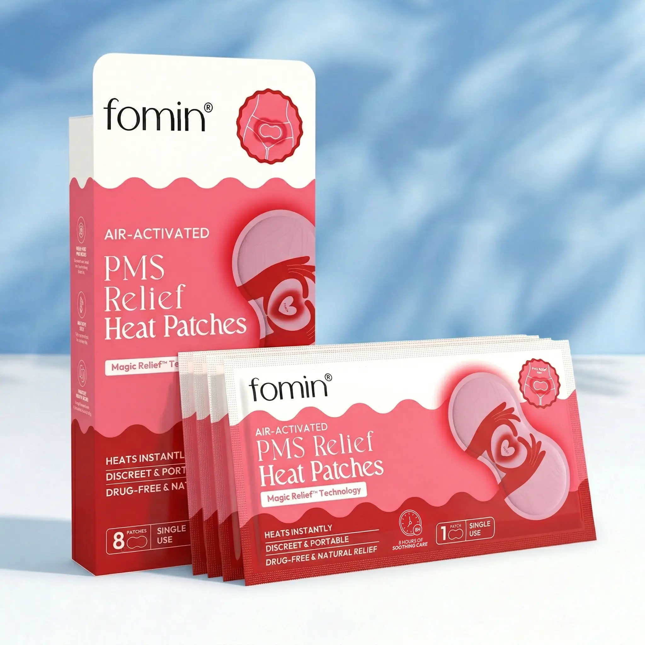 Fomin PMS Relief Heat Patches (8 Pack) — Air-Activated Self-Heating Cramp Relief Patch, Drug-Free Period Pain Relief, 8-Hour Portable Menstrual Heating Pad, Discreet Wearable Patch for Women