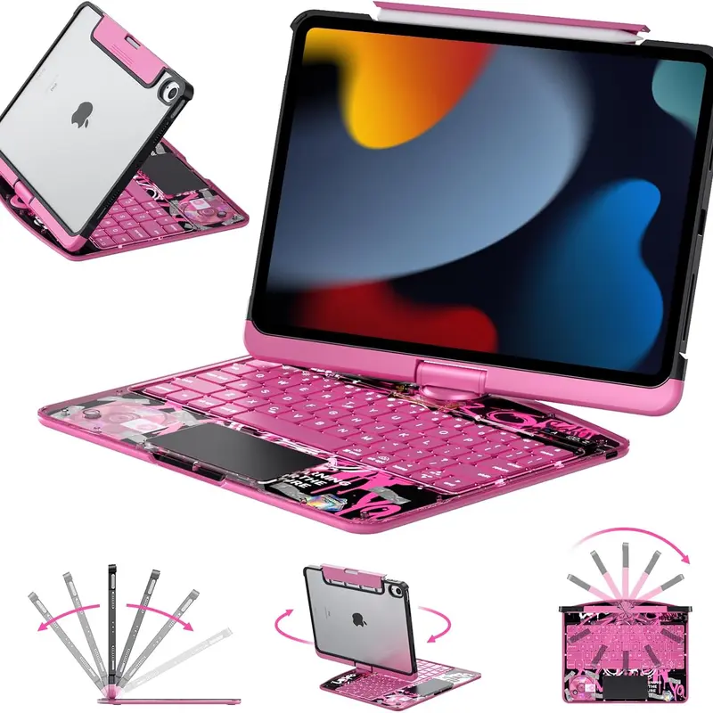 NAIDUN Latest 360 Swivel Keyboard with Y2K style tranparent case for iPad Tablet Accessories ipad case Pink