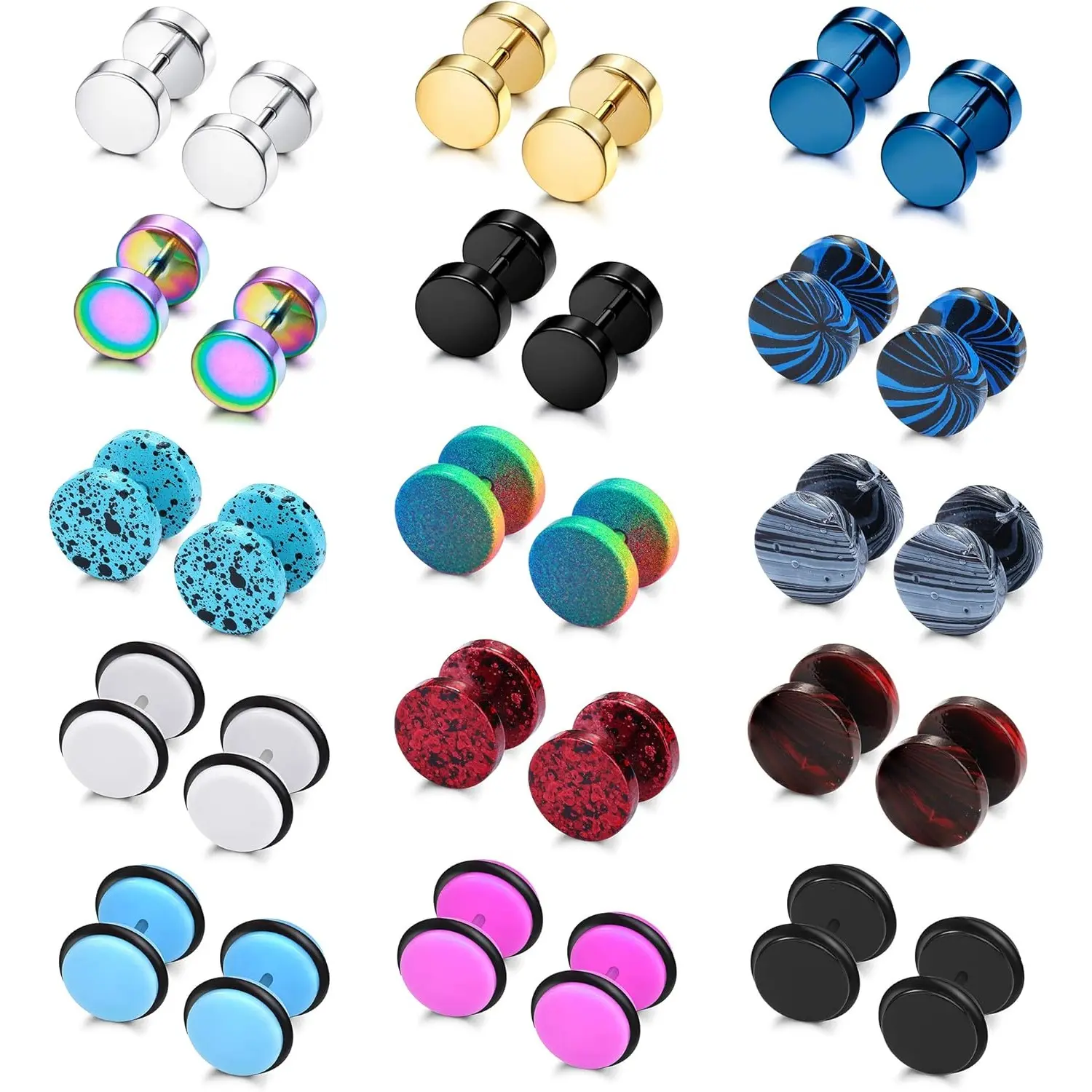 MILACOLATO 15 Pairs Mens Stud Earrings Set Stainless Steel Ear Piercing Faux Cheater Illusion Plugs Tunnel Flat Back Stud Earrings Fake Gauges Earrings for Men Women, Earring Stacking Set, Non Piercing Earrings