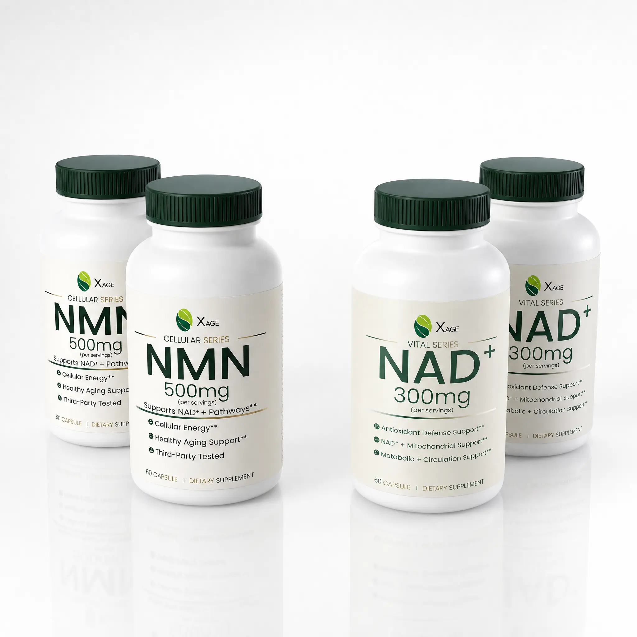 XAGE NMN 500mg & NAD+ 300mg Dietary Supplement Capsules Combo Pack, 4 Bottles, 2 Bottles Each, 240 Capsules Total