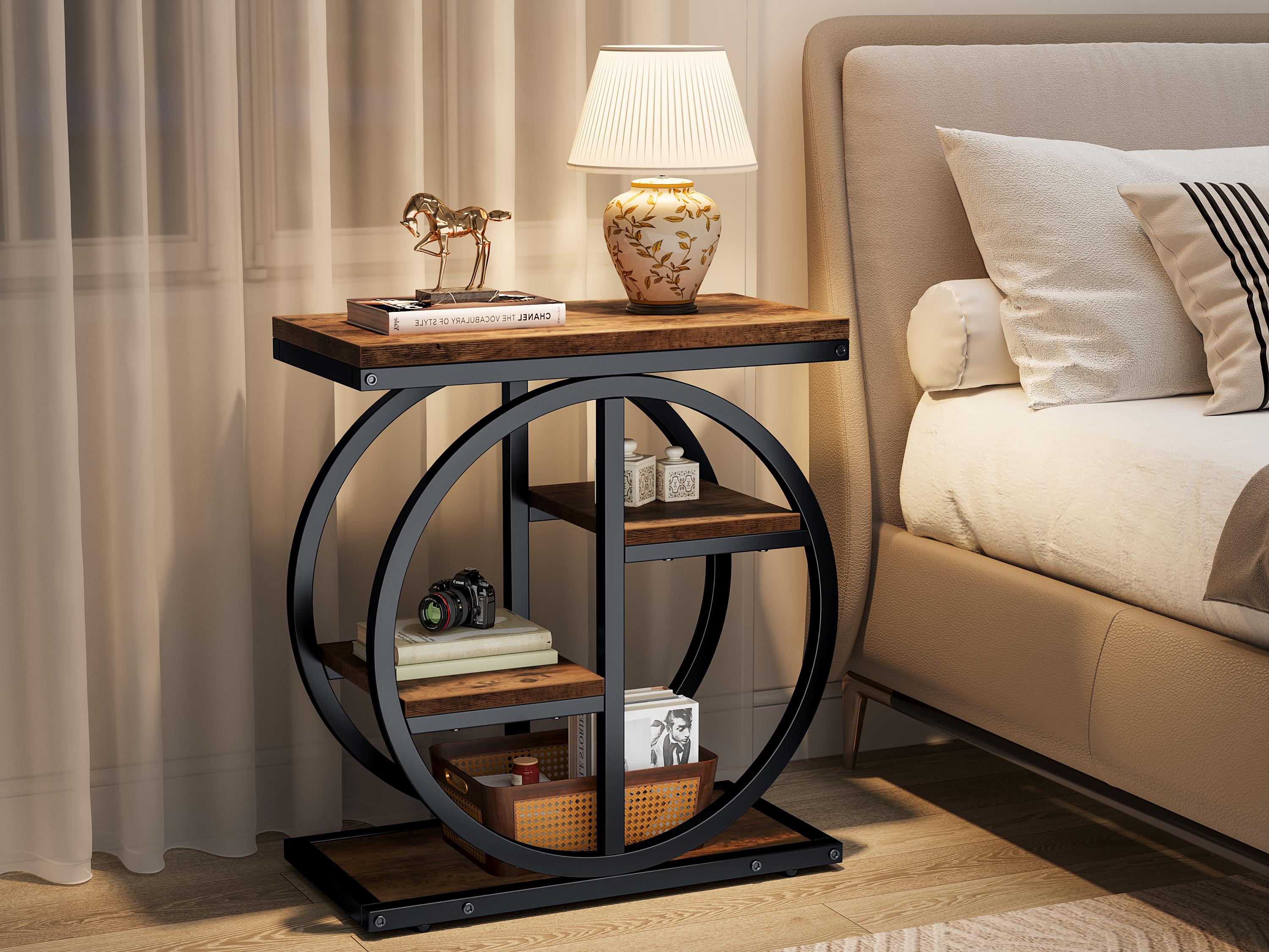 Semoic End Tables for Living Room 4-Tier Narrow Side Table with Storage Space Wood Slim Sofa Side Table with Geometric Metal Frame Industrial Skinny Nightstand and Bedside Table Rustic Brown