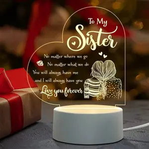 To My Sister Acrylic Night Light, 2D Heart LED Lamp with Engraved Sentimental Quote, USB Warm White Nightlight for Sister Birthday Christmas Thanksgiving Gift holiday countdown valentine ambient car night light solar street light outdoor yard decoration w