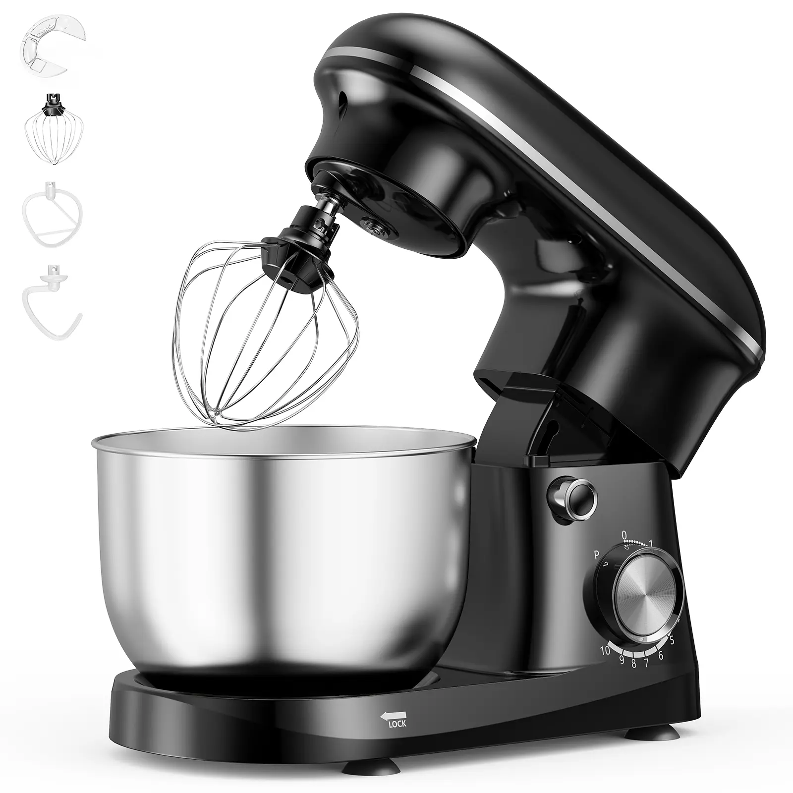 10-Speed Tilt-Head Stand Mixer with Stainless Steel Bowl, Anti-Slip Suction Base, Multi-Functional Splash Guard, Dough Hook, Whisk & Flat Beater for Baking Bread, Cake