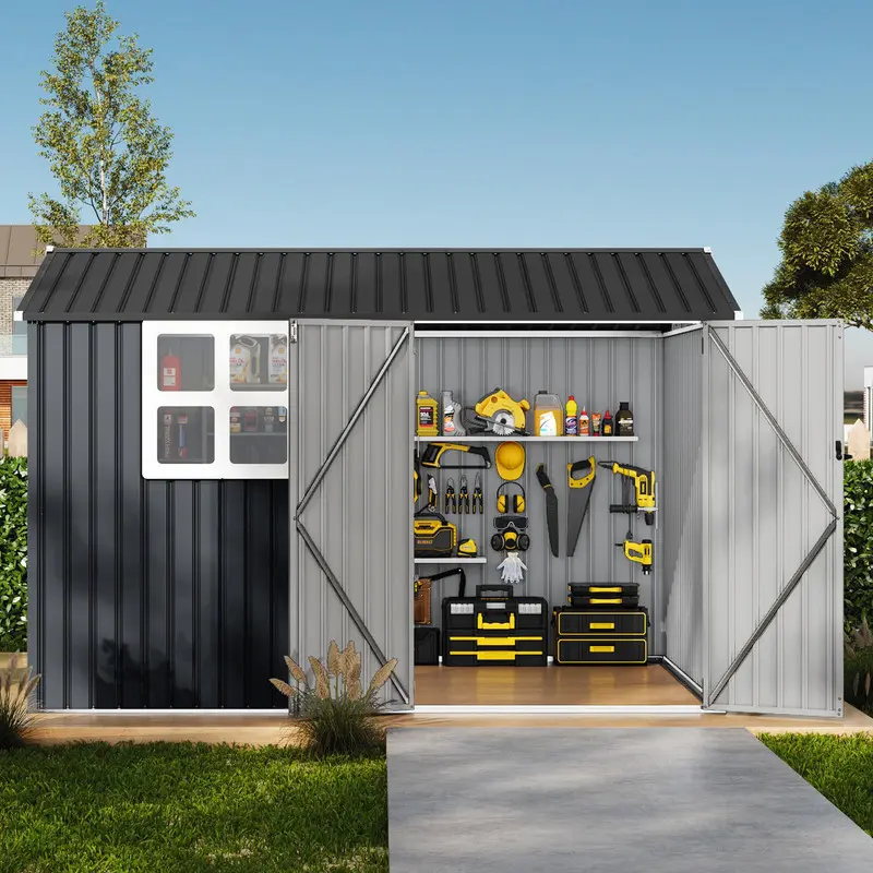 8x10 ft Outdoor Storage Shed, Metal Garden Tool Shed with Updated Frame Structure, Lockable Doors and Windows, Ideal for Backyard Garden Patio,Gray