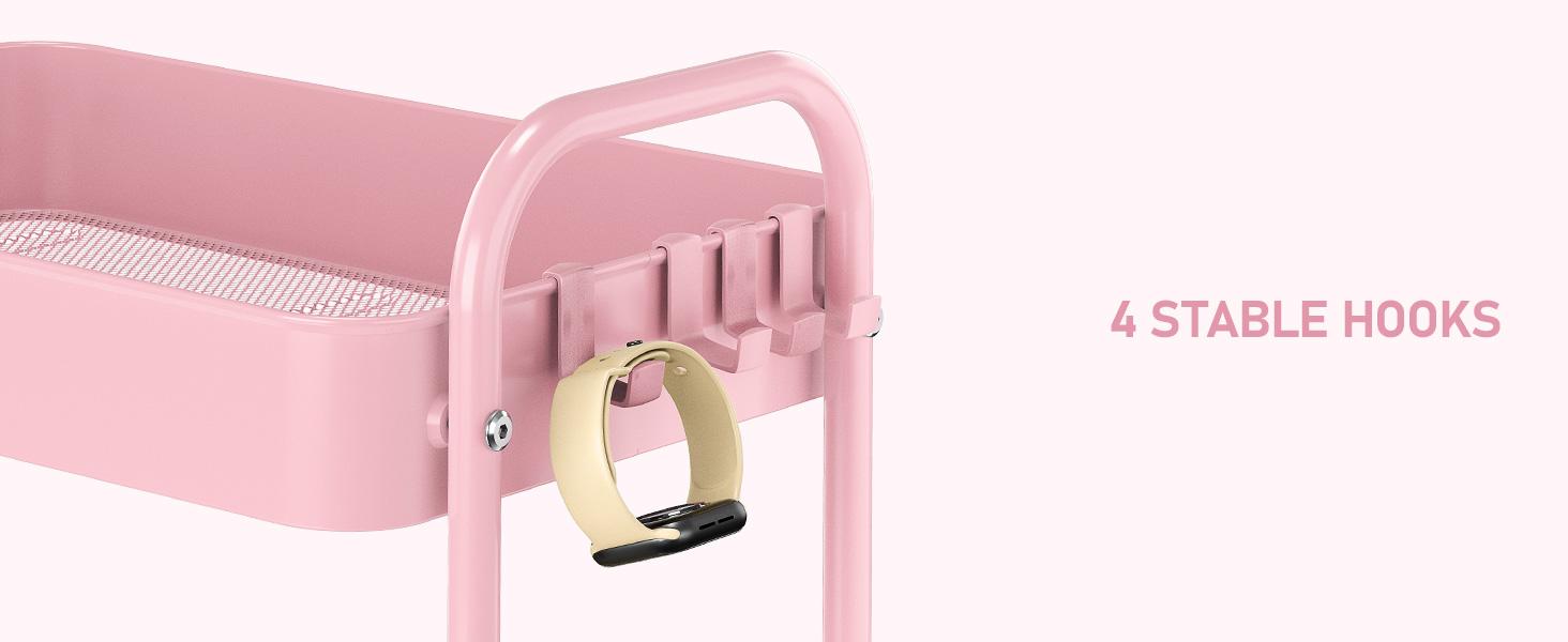 3 Tier Rolling Cart, Metal Utility Cart with 4 Hooks Storage Cart on Wheels Craft Cart with Handle for Organizer Storage for Classroom Office Dorm Home Pink 3 Tier Rolling Cart, Metal Utility Cart with 4 Hooks Storage Cart on Wheels Craft Cart with Handle for Organizer Storage for Classroom Office Dorm Home Pink