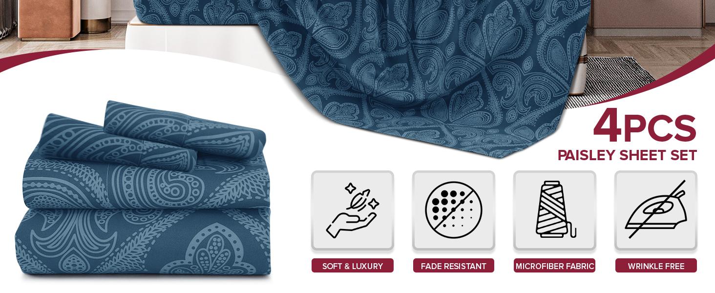 Lux Decor 4-Piece Paisley Bed Sheet Set - King Size Sheets with 16" Deep Pockets - Queen Size Polyester Sheet Set - Soft, Wrinkle Resistant, Hotel Luxury Bedsheet Set
