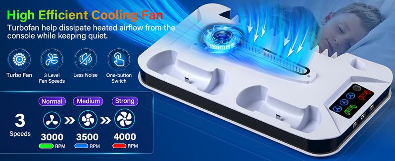 PS5 Cooling Station with Dual Controller Charging Base, 3-Level Silent Cooling Fan, Vertical Stand for PS5/Slim/Pro Disc & Digital, Christmas gifts PS5 Cooling Station with Dual Controller Charging Base, 3-Level Silent Cooling Fan, Vertical Stand for PS5/Slim/Pro Disc & Digital, Christmas gifts