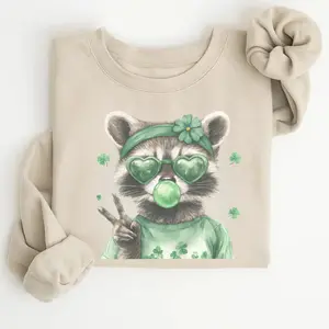 St Patrick Raccoon Bubble Gum Sweatshirt, Vintage Style Shamrock Raccoon Crewneck, Funny Irish Animal Graphic Sweater, Comfortable Everyday Wear
