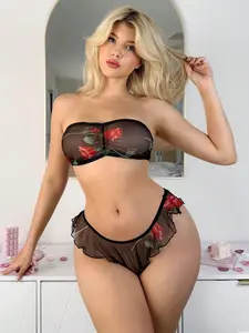 LUSHLACE Floral Sexy Lingerie Set - Women's Black Lace - Bedroom