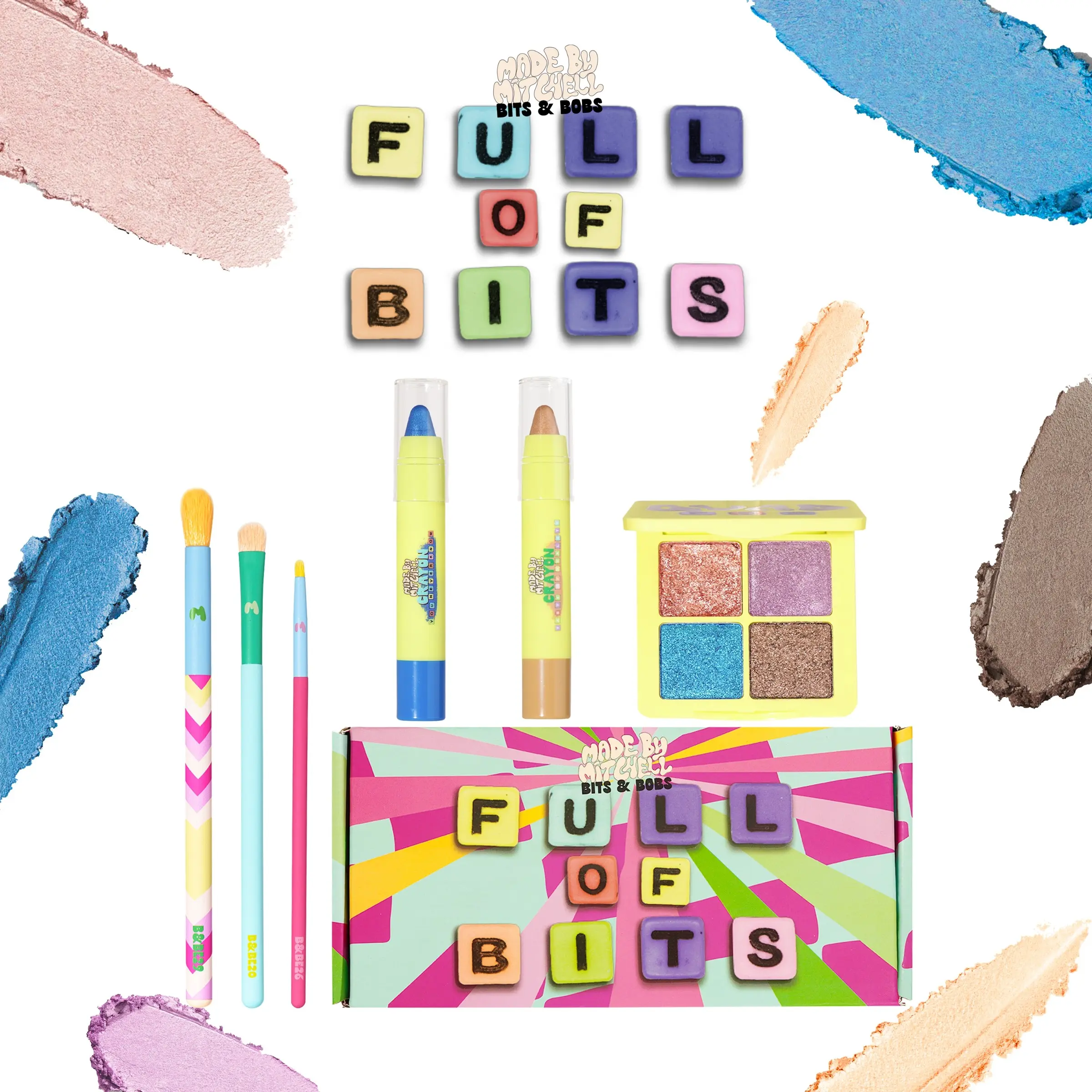 [Made by Mitchell] Bits & Bobs Collection – Full of Bits Eye Makeup Bundle Makeup Gift Set | Quad Pod Shimmer Eyeshadow Palette, Cryons & 3 Brushes, Makeup Kit Set Cosmetic Makeup Set Beauty Kit Beauty Sets