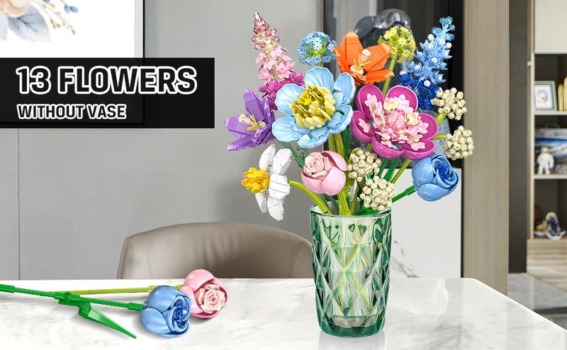 Flower Bouquet Building Set 13 Flowers with Adjustable Petals & Green Leaf Accents, Rose Plant, Decorative Ornaments & Magnetic Blocks, Home Decor for Adults, Boys & Girls 8+