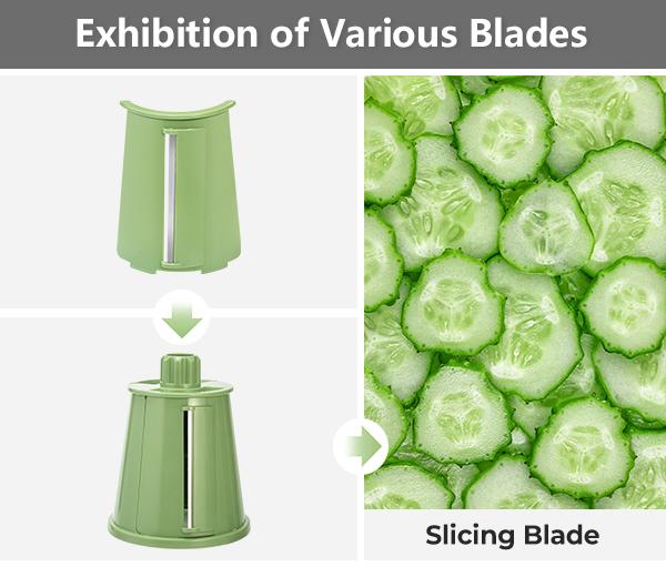 SUSTEAS Rotary Cheese Grater with Handle, 5 Well-Designed Blades and Strong Suction Cup Base, Mandoline Slicer Utensils Retro Green Kitchen Gadgets Vegetable Fruit Cutter Stainless Steel