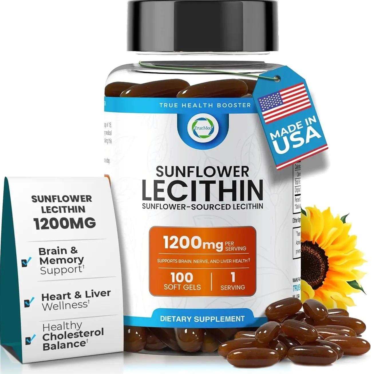 TRUEMED Organic Sunflower Lecithin 1200mg – Soy-Free Lecithin Supplement for Brain, Heart, Nerve & Liver Support, Cognitive Health, Non-GMO – 100 Softgels (Made in USA)