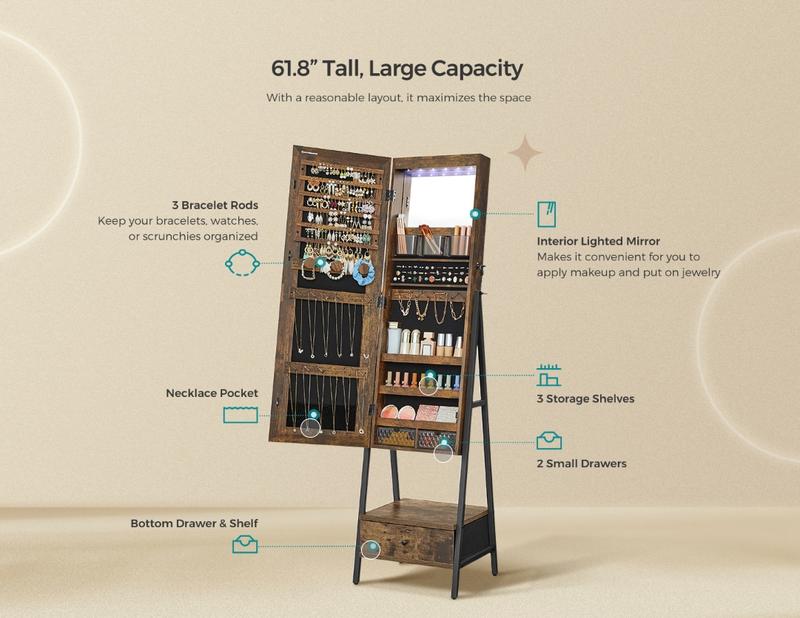【Gift Idea】SONGMICS LED Mirror Jewelry Cabinet Standing, Lockable Jewelry Armoire with Full-Length Mirror, Space-Saving Jewelry Organizer with Mirror, Bottom Drawer, Christmas Gifts