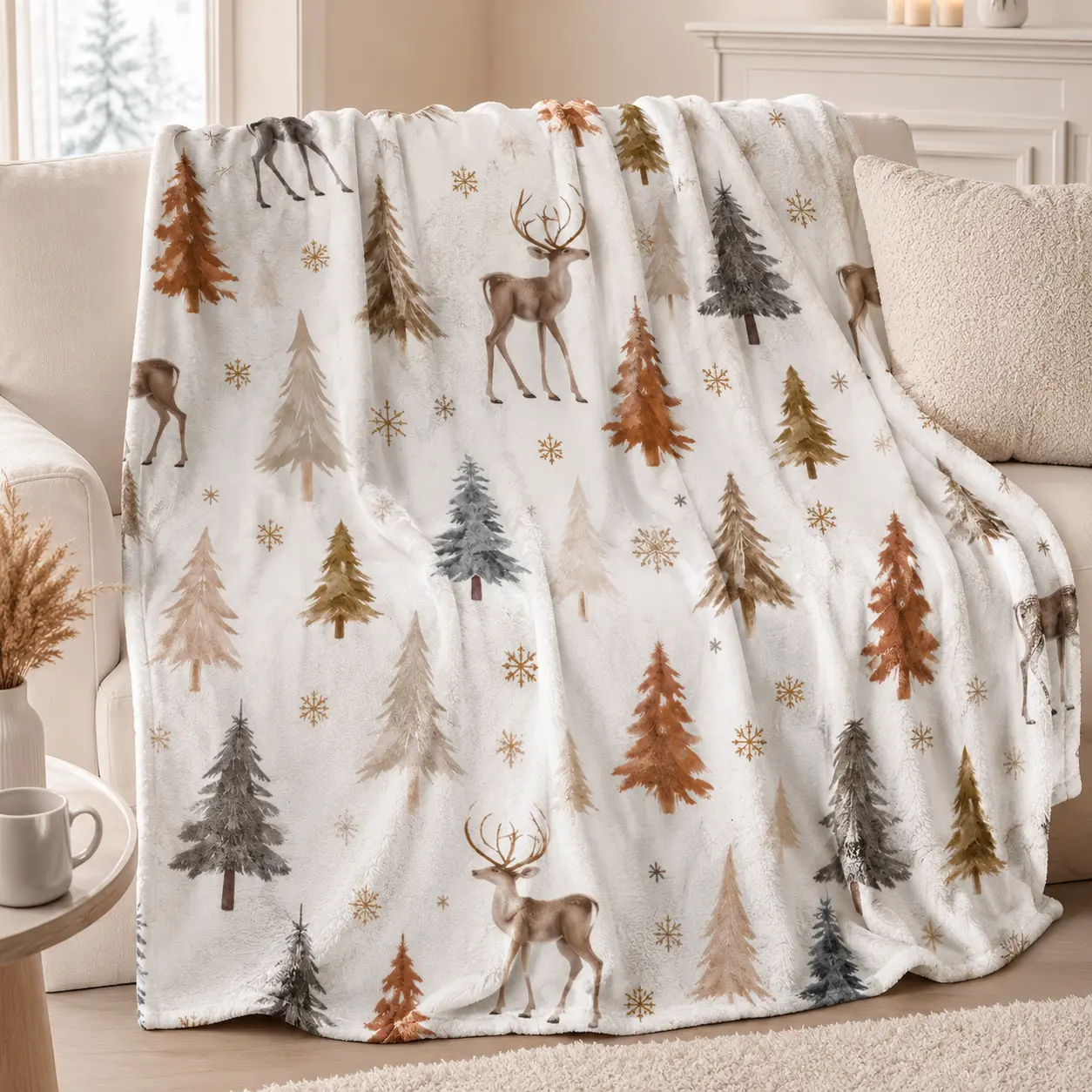Neutral Winter Flannel Blanket - Multi-Size, Deer Trees, Pine Tree & Snowflake Prints, Soft Cozy Warm Plush, Rustic Cabin Farmhouse Room Decor, Whimsical Home Decor for Bedroom Sofa, Ideal Christmas Gift