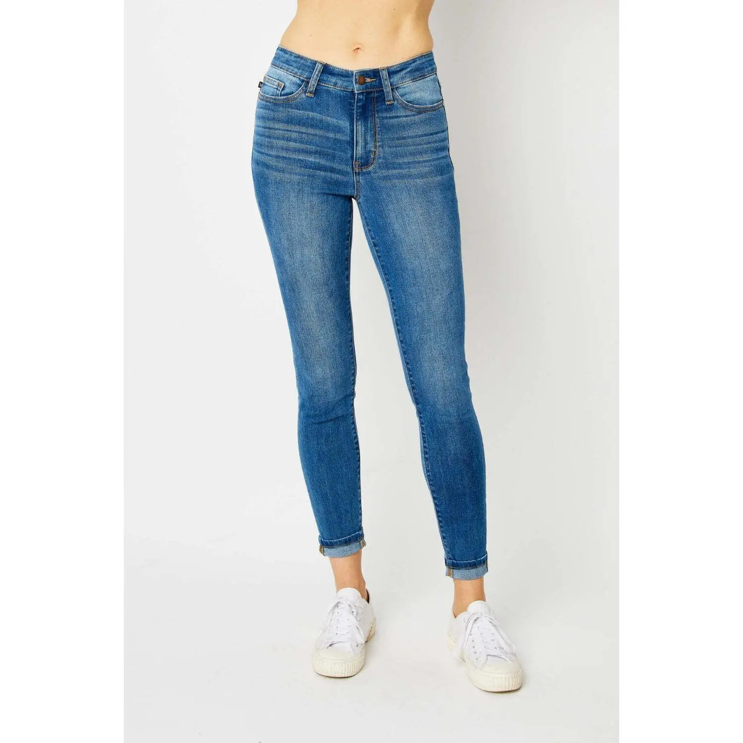 RISEN JUDY Women's High Waist Plain Skinny Denim Bottoms, Cuffed Hem, Comfortable Fit Blue Jeans, Normal Type, Body Curve Jeans, Classic Denim Jeans, Cotton
