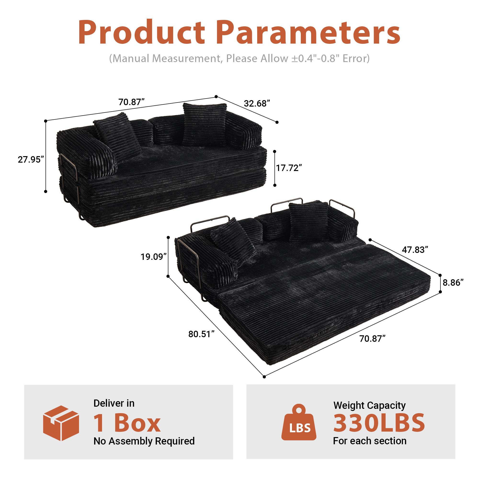 OOSWIFT 81" Folding Sofa Bed , 4-in-1 Foldable Floor Couch Convertible Futon Sofa with Armrests Sleeper Mattress Chair Bed Comfy Portable Fold Out Lounge Guest for Living Room Bedroom