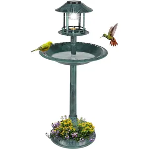 Outdoor Bird Bath, Garden Bird Baths Decorations with Solar-Powered Lamp and Resin Pedestal Flower Planter Base Bird Feeder for Yard Patio
