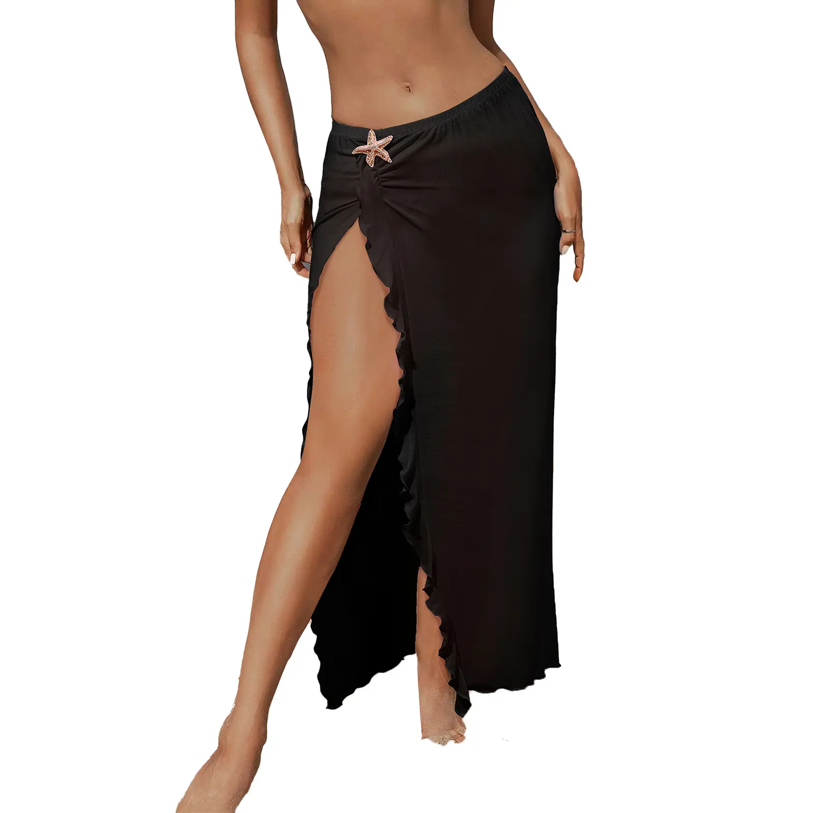 Aleumdr Women's Sheer High Slit Swimsuit Coverup Metallic Starfish Decor Ruffled Beach Cover Up SwimWeek Vacationoutfits Summerstyle