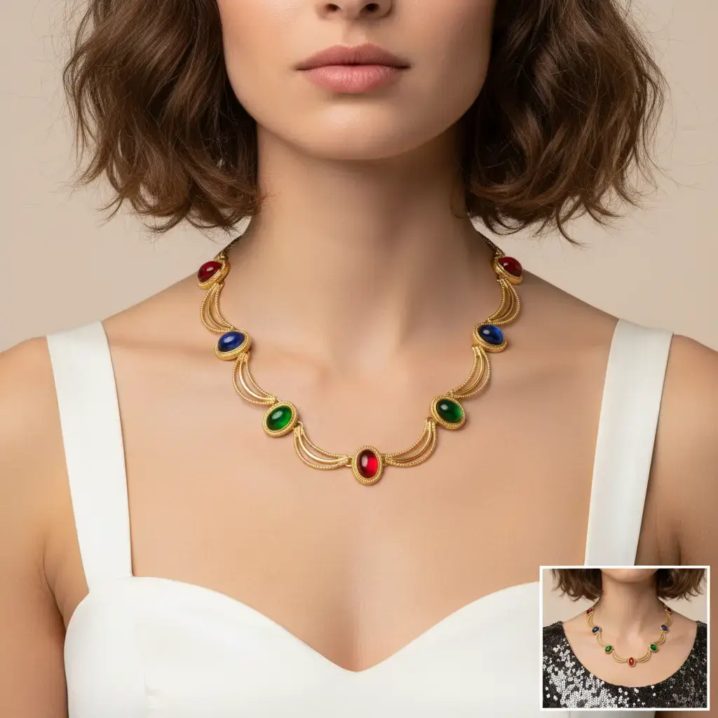 Replica Court Style Jewelry Feeling Necklace｜Red / Blue / Green Gemstone Multi-Layered Line Necklace Oval Resin Eco-Gemstone｜Party Focus Colorful Gemstone Necklace