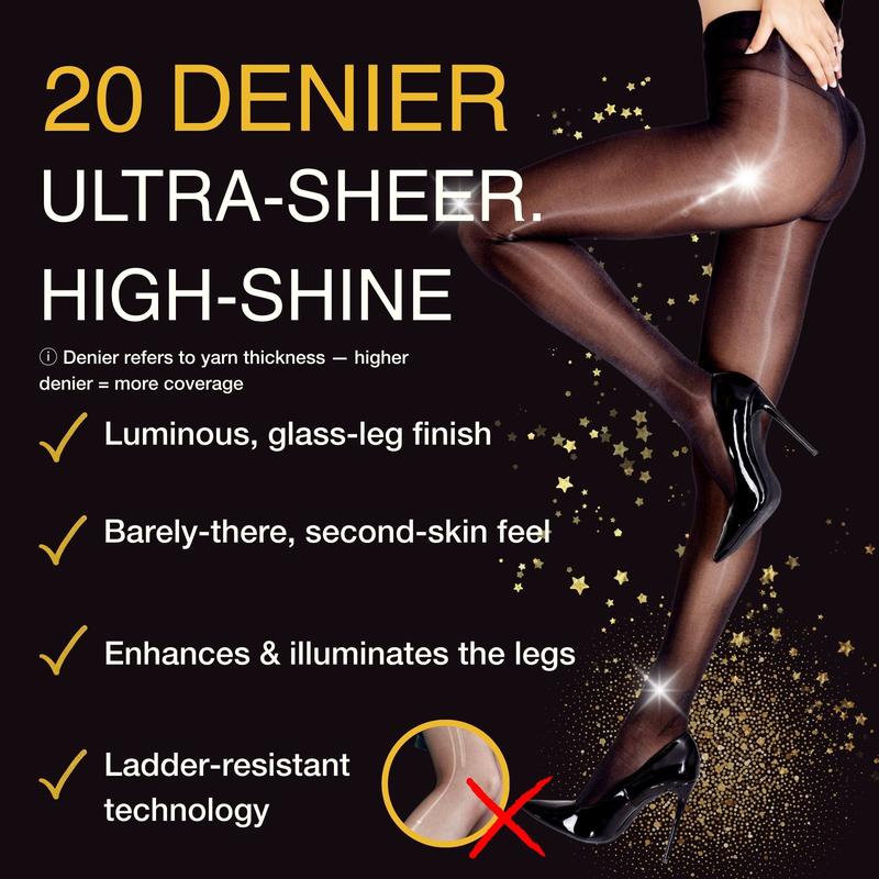 LECHERY Lustrous Shiny Sheer Pantyhose – High-Shine Ultra-Sheer 20 Denier Nylon Blend, Seamless High-Waist Laser-Cut Design, Ladder-Resistant Knit