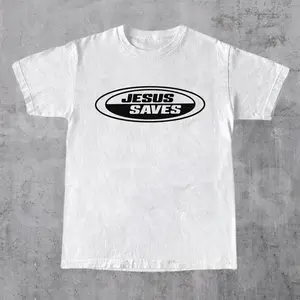 Jesus Saves Y2K Aesthetic T-Shirt - Minimalist Christian Oval Logo Streetwear Tee Retro Faith Based Graphic Shirt - Urban Christian Apparel - Jesus Saves Black Tee